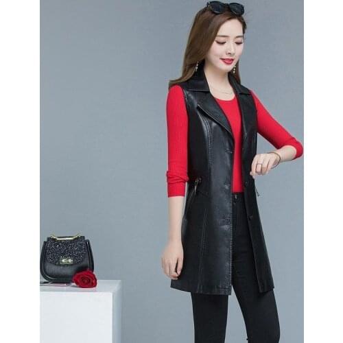 High Quality PU Leather Womens Vest Long Trench Coat New Female Sleeveless Waistcoat Faux Leather Blazer Plus Size 5XL Y83