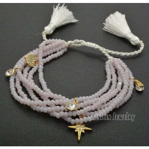 Gold Star Charms Fashion Women Adjustable Tassel Bracelets Rose Pink Color Crystal Glass Summer Jewelry Gift 12pcs/lot
