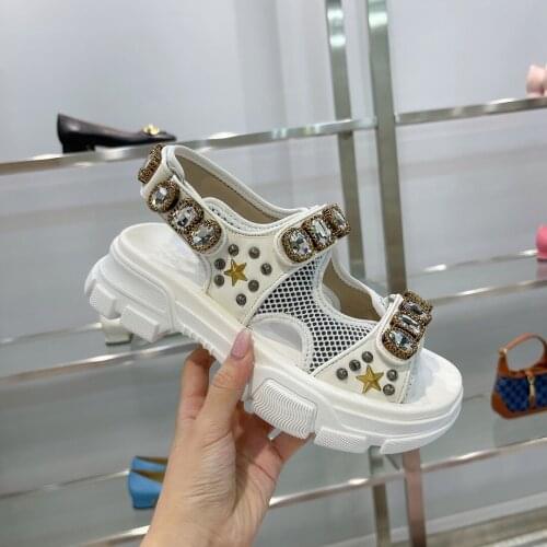 2021 Summer Crystal Woman Sandals Leather Shoes Woman Retro Hook&Loop Woman Sandals Open-Toes Platform Woman Sandals Fashion