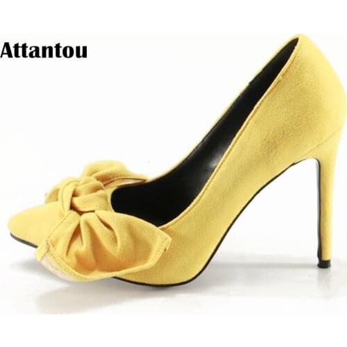 Woman Yellow Suede High Heels Pumps Stiletto Thin Heel Womens Shoes Pointed Toe Big Bowtie High Heels Wedding Shoes size 35-42
