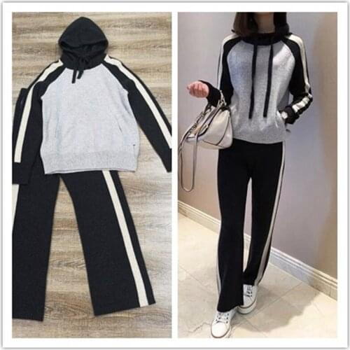 2020 Elastic Waist Hooded Full Womens New Cashmere Suit Fashion Color Matching Hood Sweater And Pants Two-piece Casual 2 Sets