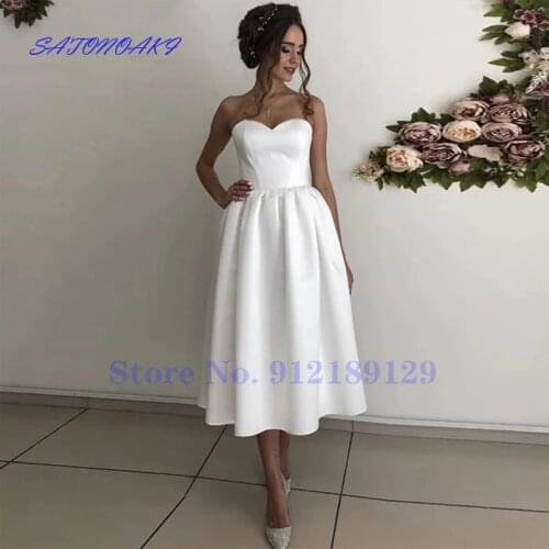 Aliexpress France Simple Short Satin Wedding Dress Sweetheart Sleeveless Backless A Line Bridal Gown Vestidos De Novia Sukienka