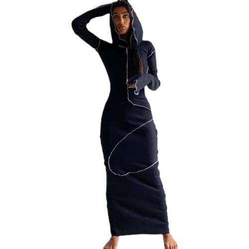 2021 Long Sleeve Hooded Patchwork Skinny Maxi Dress Autumn Winter Women Fashion Streetwear Casual Outfits