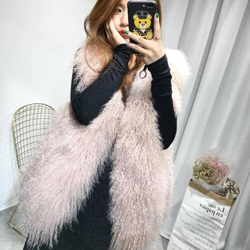 Real Fur Vest Fashion Winter Women Real Fur Mongolia Sheep Waistcoats Sleeveless Vest Waistcoat Gilet Long women veste female