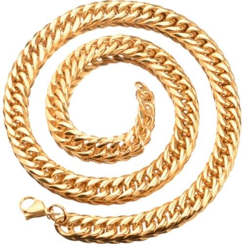 11MM 1PCS Christmas Gift Trendy Jewelry Stainless Steel Gold Tone Cuban Curb Link Chain Mens Womens Necklace Or Bracelet 7-40"