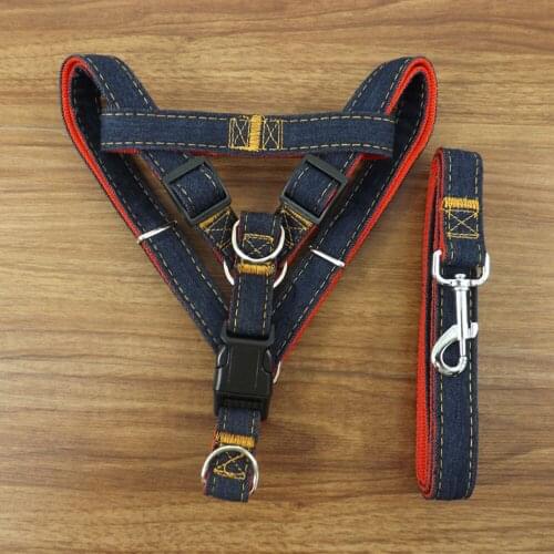 100pcs/lot Pet Dog Cat Collar Harness Leash Set Traction Rope Adjustable Jean Chest Strap Cowboy for Small Middle Dog