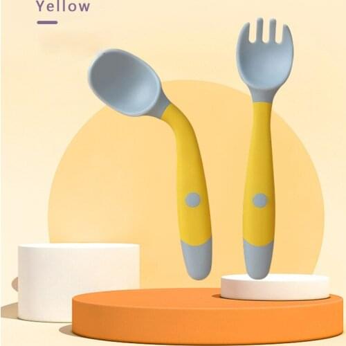 2Pcs Baby Feeding Spoon Fork Set Silicone Handle cute Cartoon Tableware Infant Heat-Resistant Spoon Head Cutlery