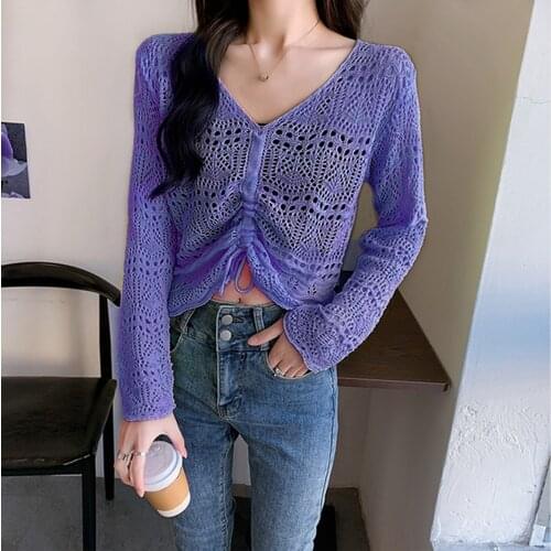 2021 Sexy Y2k Korean Ins Fashion Women Solid String Off Shoulder T Shirt Sheer Crop Tops Long Sleeve Flowy Crochet Pullover #t2p