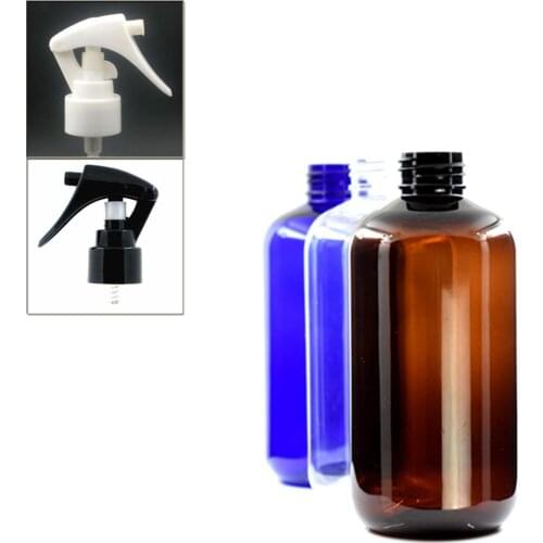 250ml empty boston round plastic bottle , clear/amber/blue pet bottle with black/white trigger sprayers