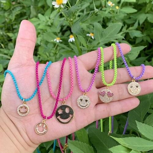 5Pcs Round Shape Smiling face Copper Gold Plated CZ Micro Pave Pendant Rainbow Enamel Box Chain Necklace Fashion Jewelry