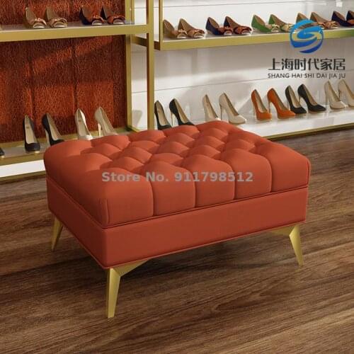 American light luxury pull button technology cloth bed end stool living room solid wood footrest square stool home entrance cloa
