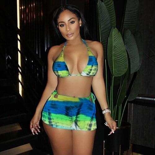 Hirigin Women 2021 Summer Two Piece Sets Halter Bikini And Mini Skirt Sets Sexy Vacation Outfits Beachwear Casual Matching Sets