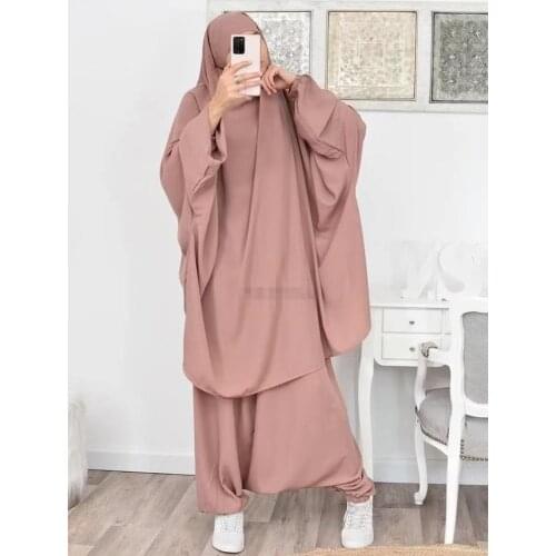 Eid Muslim Women Long Khimar Prayer Garment 2 Piece Set Abaya Dress and Pant Full Cover Islamic Clothing Kaftan Jilbab Djellaba
