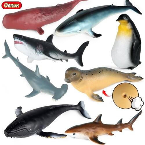 Oneux Sea Animal Simulation Model Toy Soft Inflated Bottom Blowhow Megalodon Penguins Seal Ocean Action Figures Xmas Gift