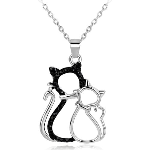 Exquisite Silver Plated Cat Necklace Cute Black Zircon Kitten Pendant Necklace Sweet Girls Daily Long Chain Women Jewelry Gifts