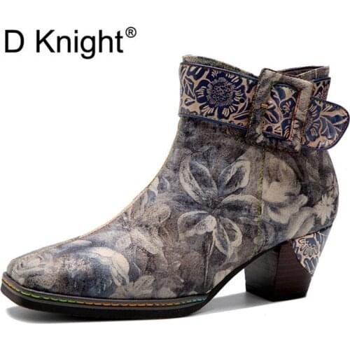 Chinese Style Ankle Boots For Woman Retro Painting Handmade Genuine Leather Belt Big Brand Shoes Thick High Heels Women Boots