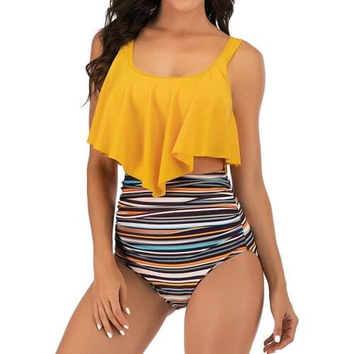 Swimwear Ruffles Women Swimsuits Two Piece Sets Stripe Printed Beachwear High Waist Tankini Bikini Set Bottoms Dropshipping