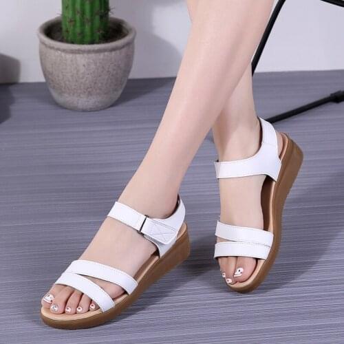 Summer Leather White Women Flat Sandals Ankle-Wrap Ladies Beach Sandals Comfortable Shoes Woman Sandalias Zapatos De Mujer