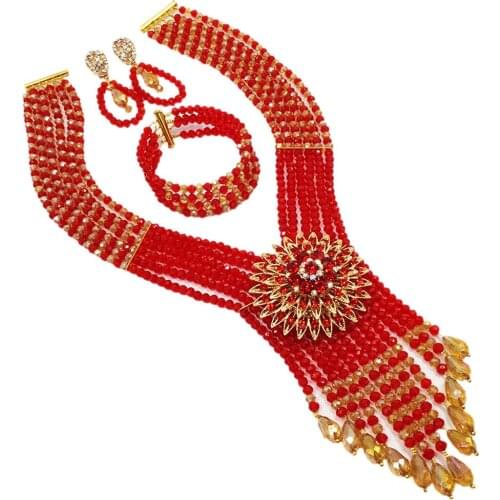 In fashion red and gold ab nigerian wedding african necklace jewelry set crystal beads costume jewelry set 6SDLS-06