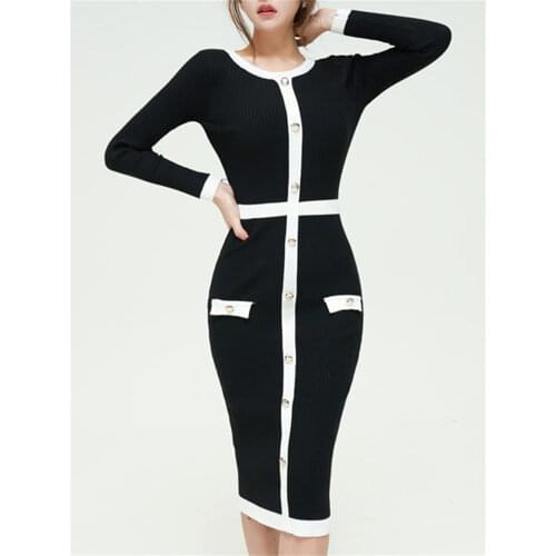 Women Elegant Autumn Classy Office Casual Midi Knitted Sweater Slim Bodycon Winter Dress