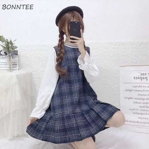 Long Sleeve Dress Ulzzang Gray Plaid Fashion Patchwork Student Loose Leisure Knee-Length Girls Sweet Ruffles Chic Femme Sundress
