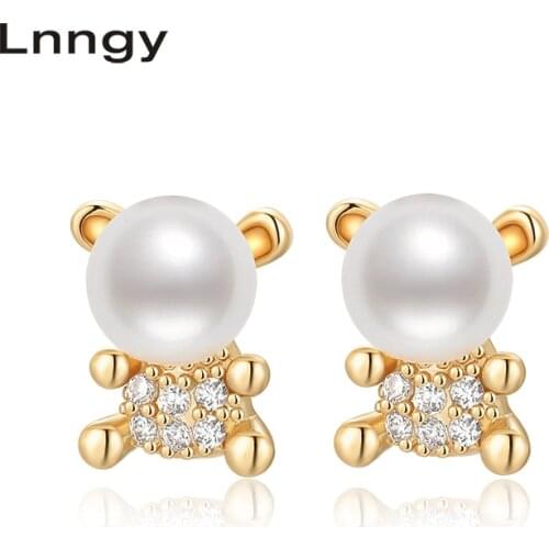 Lnngy 14K Gold Filled Earrings 6.5mm Natural Cultured Freshwater Pearl Bear Stud Earrings Women Party Earrings Fine Jewelry Gift