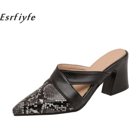 ESRFIYFE 2021 New High Heels Ladies Slippers Snakeskin Grain Mules Pointed Toe Black Slides Women Slip on Flip Flops Party Shoes