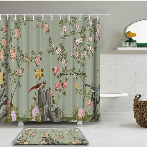Chinese style Flower Birds Bathroom Decor Shower Curtains Set Toilet Non-Slip Bath Mat Rug Sets Waterproof Bath Curtains