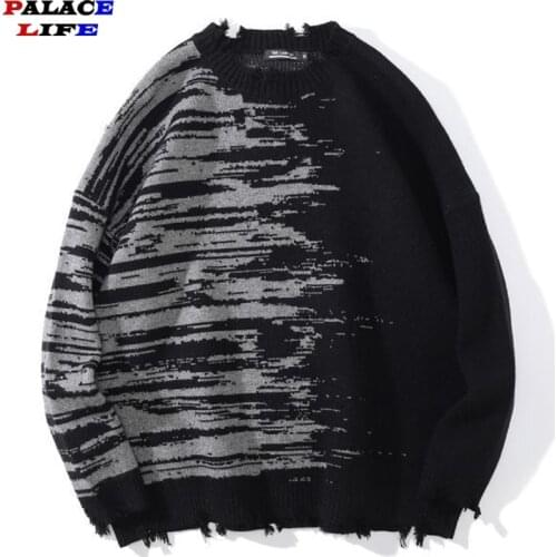 Men Hip Hop Streetwear Harajuku Knitted Sweater Patchwork Hole Casual Pullover Tops 2021 Autumn Loose High street Couple Sweater