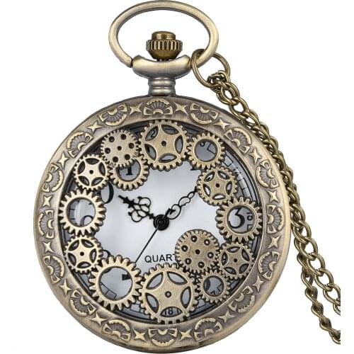 Vintage Bronze Hollow Gears Toothed Wheel Quartz Pocket Watch With Compass Necklace Chain Antique Clock Xmas Gift For Men Woman