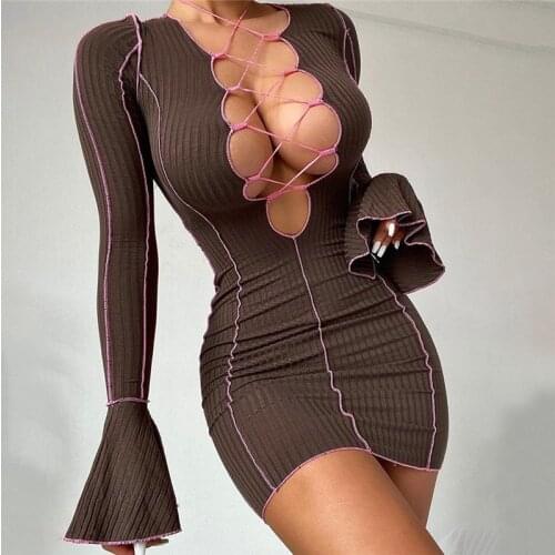 WJFZQM Sexy Cut Out Long Sleeve Bandage Mini Dress Women 2021 Autumn Fashion Flare Sleeve Streetwear Outfits Club Party Dresses