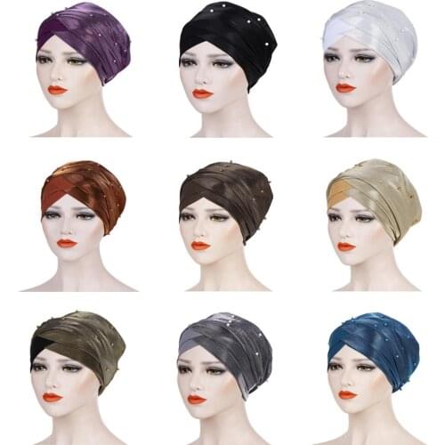 Women Muslim Hijab Hat Chemo Hat Beanie Scarf Turban Head Wrap Cap Bonnet Covers Headscarf Islamic Beads Patchwork Bandanas Cap
