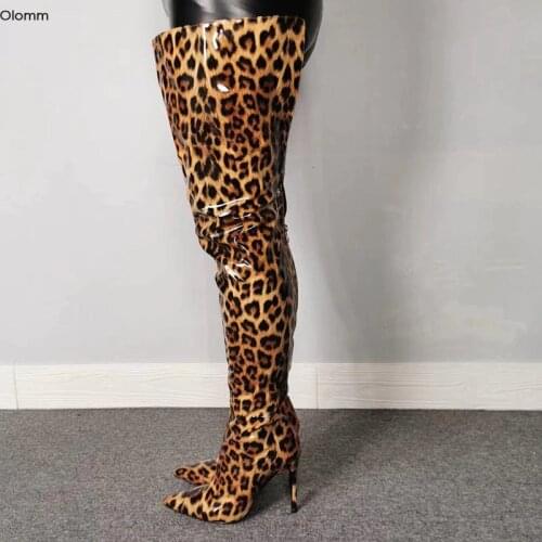 Olomm Handmade Women Shiny Thigh High Boots Stiletto Heels Boots Pointed Toe Gorgeous Leopard Club Shoes Women Plus US Size 5-15