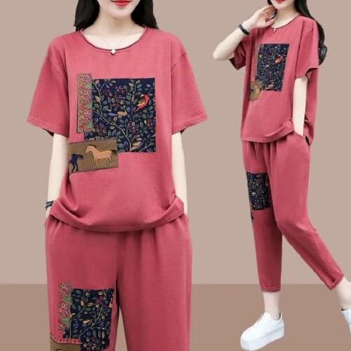 Womens Suits Loose Fashion Suits 2021 Summer Large Size Loose Short Sleeve Blouse Casual T Shirt Cropped Trousers Two Piece Suit