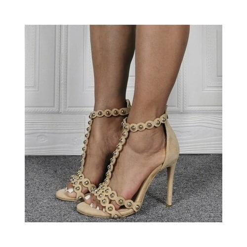 Real Photo Rivet Ball Gladiator Sandals Women Thin High Heels Open Toes T-strap New Summer 2021 Runway Fashion Sandalias Size 47