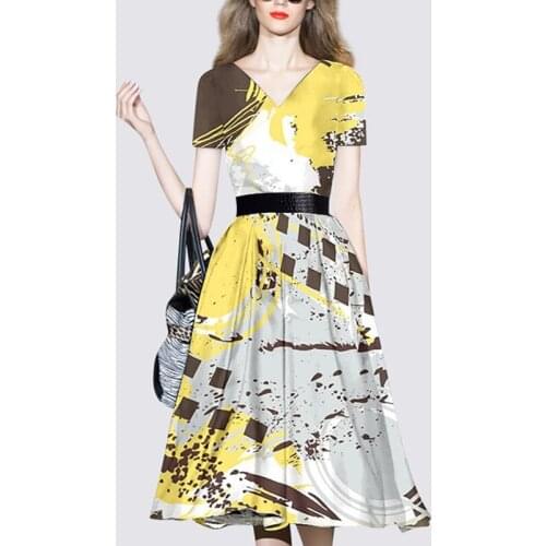 European style slim temperament lady dress womens medium and long printed western style A- line dress