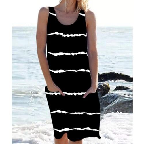 Plus Size Women Striped Dress Casual Sleeveless T shirt Dresses Summer 3XL Loose Tank Dress With Pockets Women Sundress 2021