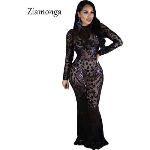 Ziamonga Euramerican Style Sequin Maxi Dress Vestidos Sexy Vintage Round Neck Long Sleeve Sheath Floor Length Bodycon Club Dress