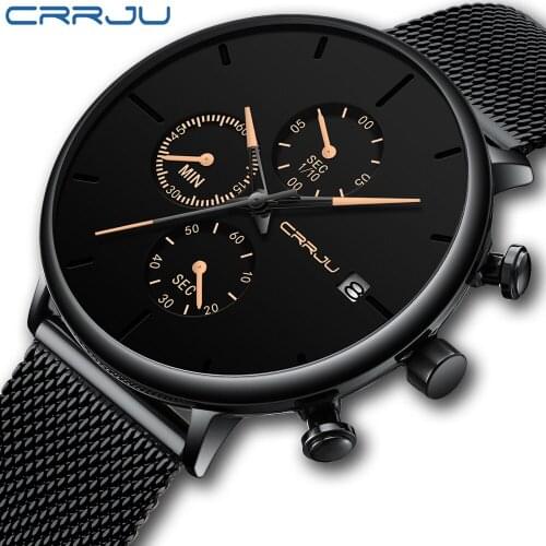 CRRJU 2019 New Men Watch Simple Chronograph Mesh Quartz Watch Classic Black Face with Luxury Rose Golden Pointers Date Clock