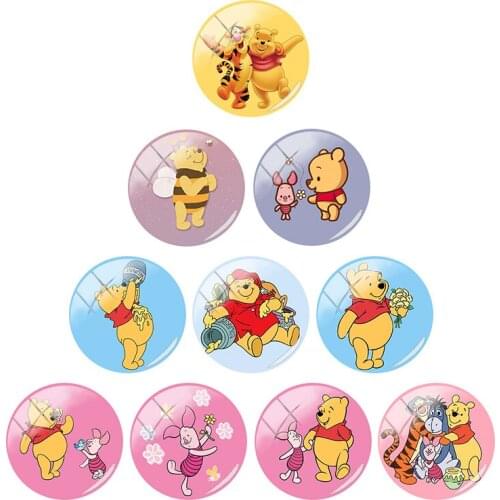 Disney Cartoon Q Version Pooh 12mm/15mm/16mm/18mm/20mm Photo Cute Glass Cabochon Dome Flat Back DIY Gift