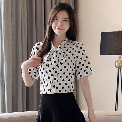 Korean Fashion Bow Chiffon Shirt Top Loose Short Sleeve Polka Dot Shirts Women Summer 2021