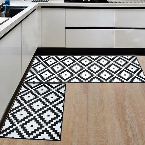 Black White Geometric printing Kitchen Area Rug Nordic Style Flannel Carpet Soft Plush Home Bedrom Floor Mat Anti Slip