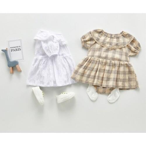Infant children summer models female baby girls retro plaid short-sleeved skirt floral printed cotton romper ruffled robe