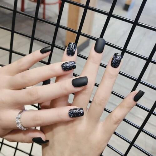 24pcs Black Nail Patch Glue Type Removable Mid Length Paragraph Fashion Manicure Save Time False Nail Patch DL