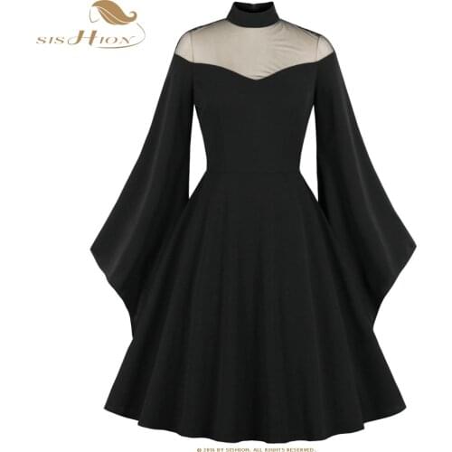 SISHION Flare Sleeve Halloween Party Dress VD2272 Black Red Tulle Patckwork Women Autumn Dresses