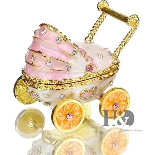 H&D 2.5'' Baby Pink Carriage Stroller Jewelry Trinket Box Bejeweled Keepsake Box Decor Crafts Handmade Enameled Decorative Gift