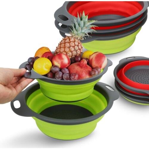Collapsible Drainer With Handle Kitchen Tools Gadgets Foldable Silicone Colander Fruit Vegetable Washing Basket Strainer