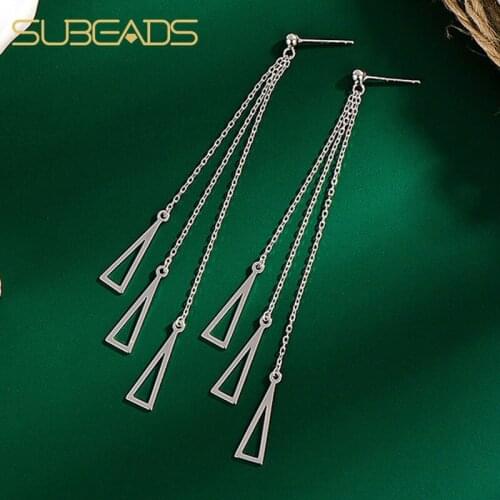 Subeads Real 925 Sterling Silver Triangle Long Tassel Drop Earrings For Women Girls Geometric Ear Line Dangle Earrings Jewelry