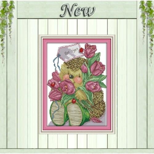 Tulips and a little hedgehog painting counted print on canvas DMC 14CT 11CT Chinese Cross Stitch Needlework Sets Embroidery kits