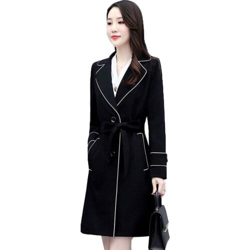 New Spring Autumn Womens Windbreaker Jacket Female Mid-Length Trench Coat Suit Collar Long Sleeve Casual Ladies Outerwear Belt